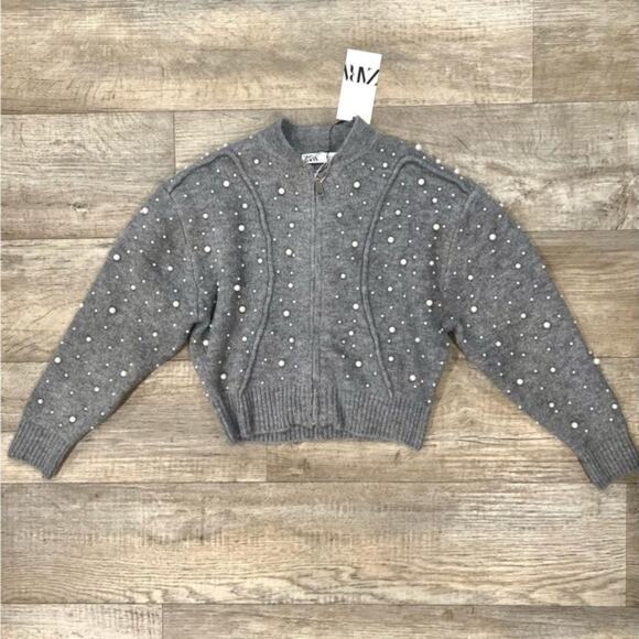 ZARA Wool-Blend Knit Jacket NWT | Gray Pearl Bomber Cardigan - Picture 11 of 12